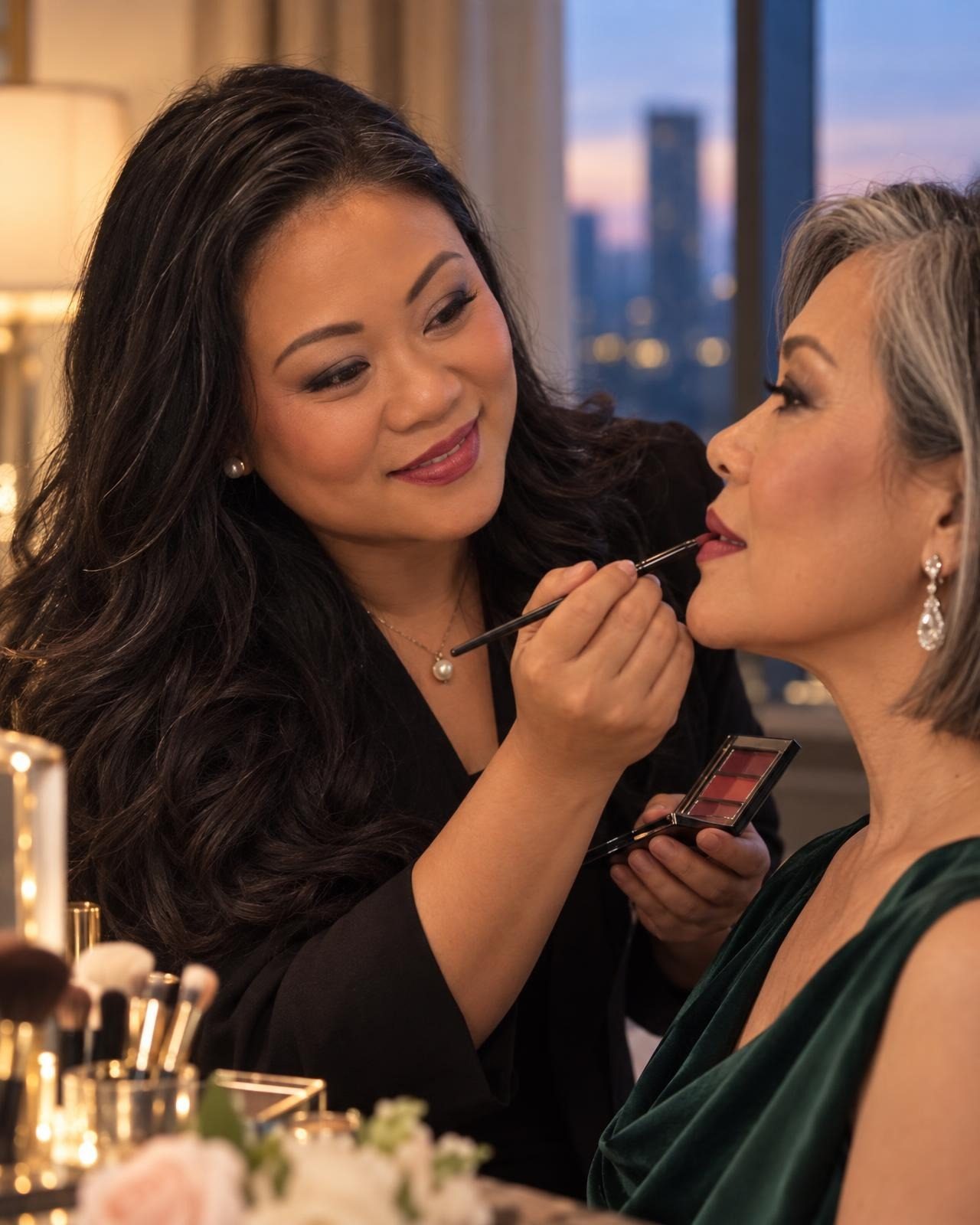 Linh painting a client's lips before an evening event
