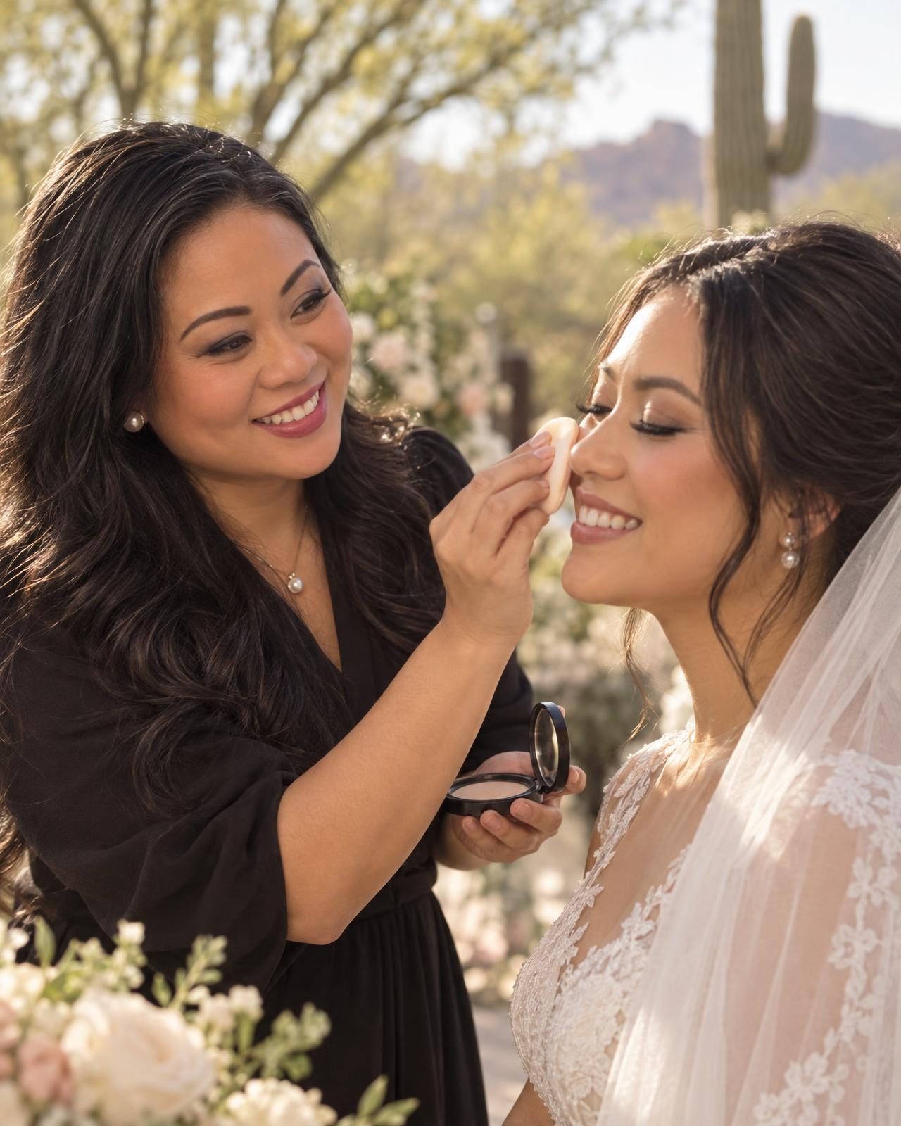 Linh pressing powder onto a bride's cheek at an outdoor desert wedding